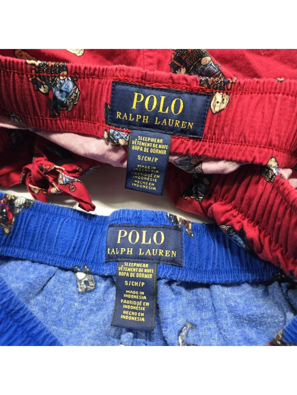 x2 EUC Men's SMALL Polo Ralph Lauren Teddy Bear Knit Pants Red/Blue AOP Pockets